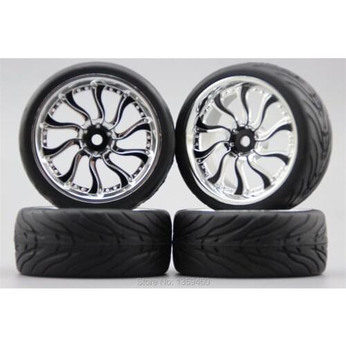 4pcs RC 1/10 Soft Rubber On Road Car Tire Tyre Wheel Rim waveCK 0mm Offset(Chrome+Painting Black) 11214+Rubber Tire