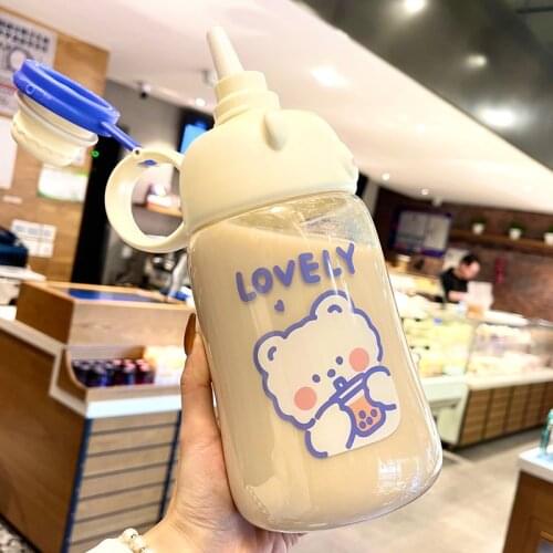 1200ml Lovely Bubble Tea Bear Water Bottle Plastic Cup With Lid Straw Sport Outdoor Portable Juice Milk Kawaii Drink Bottles