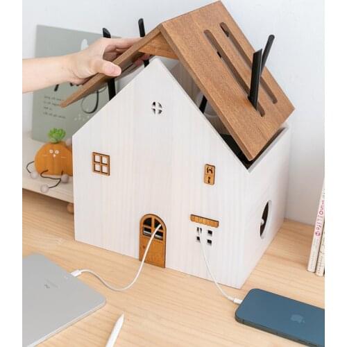 Wood small house cable socket organizer Keep out Desktop decoration Prevent to get an electric shock Creative design
