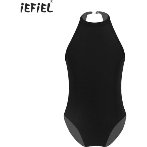 Kids Girls Pure Color Halter Neck Sleeveless Ballet Leotard Dance Gymnastics Leotard Jumpsuit Bodysuit Performance Dancewear