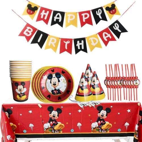 Disney Mickey mouse Kids Celebration Birthday Party Decor paper Plate Cups Disney Disposable Tableware pennant Party Supplies