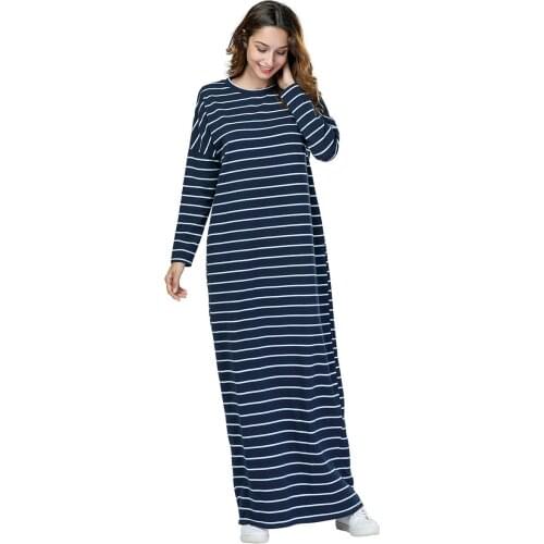 Casual Striped Maxi Dress Bat Sleeve Abaya Long Robe Gowns Muslim Kimono Loose Style Ramadan Middle East Arab Islamic Clothing