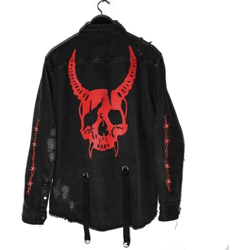 Harajuku Gothic Demon Hunter Skull Black Denim Jacket Men Rock Punk Casual Coat Vintage Sweatshirt Sudadera Male Hole Streetwear