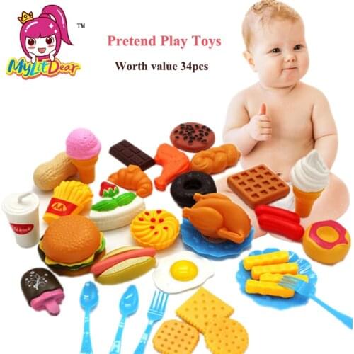 MylitDear 34pcs Kids Kitchen Toys for Girls Plastic Drink Food Kit Kat Pretend Play Early Education Toy For Children