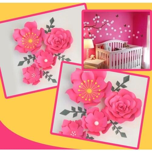 Handmade Rose Easy Made DIY Paper Flowers Green Leaves Set For Nursery Wall Deco Baby Shower Girls Room Backdrop Video Tutorials