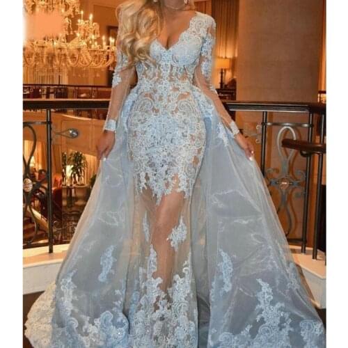 Sky Blue V-neck Illusion Dubai Saudi Mermaid Evening Dress Long Sleeve Appliques Islamic Arabic Formal Evening Party Dresses
