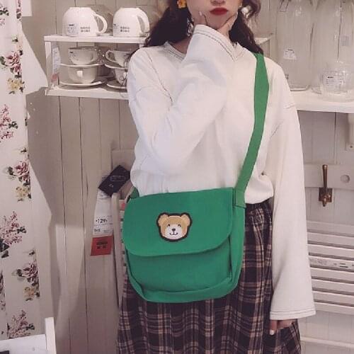 Womens Canvas Handbag Cartoon Cute Bear Bag Embroidered Female Massenger Bag Fashion Shoulder Bag