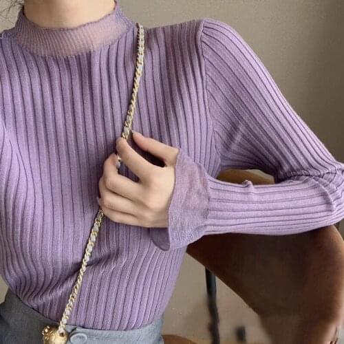 2021 Autumn Winter Round Neck Sweater Women Purple Basic Slim Pullover Sweaters And Pullovers Casual Knit Jumper Ladies Tops