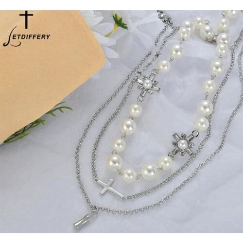 Letdiffery Vintage Multi Layer Pearl Necklace Luxury Cross Pendant Necklaces Alloy Bottle Jewelry for Women Girls Wedding Gifts