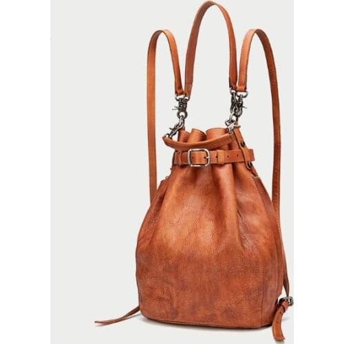 Genuine leather vintage women solid small bucket bag strap backpack