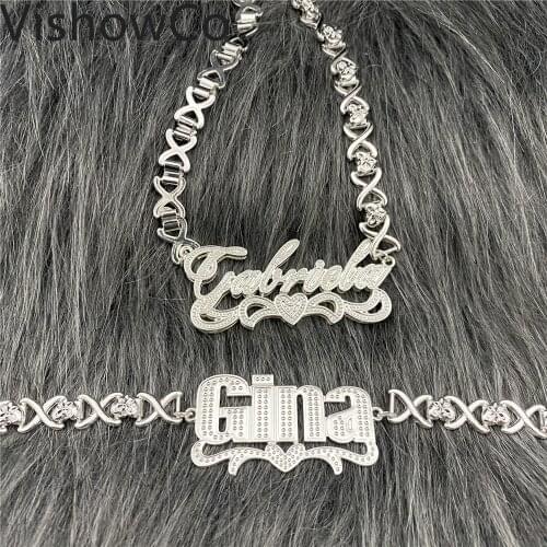 VishowCo Custom Name Necklace Personalized Stainless Steel XOXO Custom Name Bracelet Two Tone Name Pendant For Women Gifts