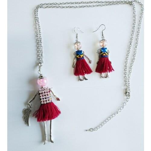 YLWHJJ new women red tassels doll cute pendant rhinestones long Chain necklace fashion maxi necklace and earring jewelry sets