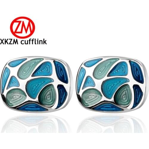 XKZM Jewelry French shirt cufflink for mens Brand oval blue enamel Cuff link Luxury Wedding Button silvery High Quality