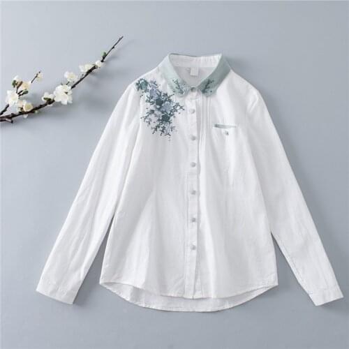 Ethnic Retro Patchwork Turn Down Collar Floral Embroidery Women Blouse Long Sleeve Spring White Pocket Shirt 2021 Cotton Blusas