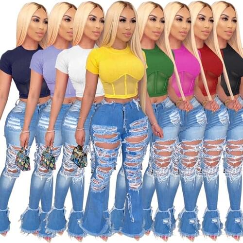 2020 Summer Sheer Mesh Patchwork Ribbed T Shirt Women Fashion Casual Round Neck Short Sleeve Slim Crop Top Female Tees