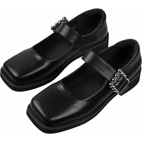 Womens shoes leather shoes 2020 autumn new square toe buckle thick heel casual shoes