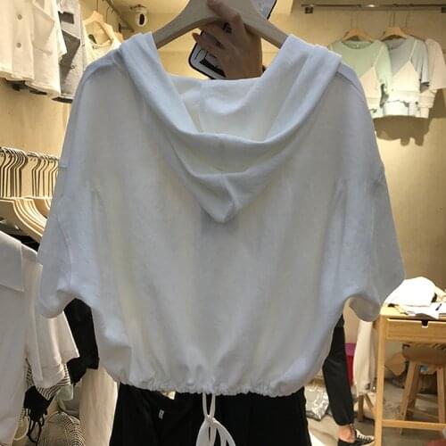 Spring Summer Short Sleeve High Waist Short Women Hoody Solid Color Button Drawstring Harajuku Casual Sweatshirt Female 2021