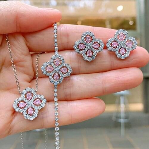 Charms 925 Sterling Silver Four Leaf Clover Necklace Earrings Bracelet For Women Luxury Pink Quartz Wedding Jewelry Sets Gift