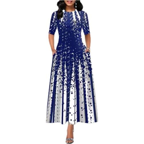 Women Long Dress Stripe Gradient Printed O-Neck Short-sleeved Dress Oversized 5XL Vintage Dots A-Line Party Maxi Dress Vestidos