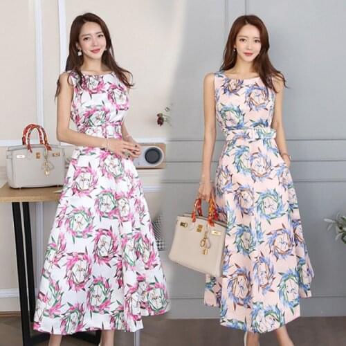 New Temperament Retro Printed Long Women Summer OL 2021 Sexy O-Neck Sleeveless A Line Office Slim Mid-Calf Dresses With Belt