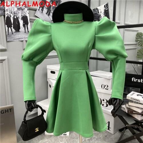 ALPHALMODA Bubble Sleeve Stand Collar Women Vintage Dress Back Zipper Slim High Waist French Style Retro Ladies Dress