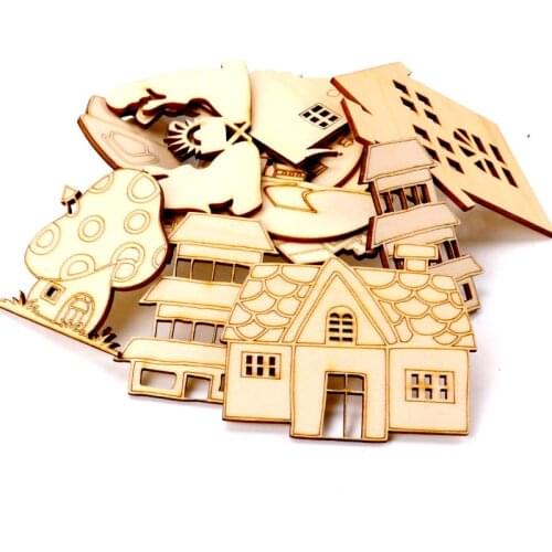 5Pcs Wooden House Lace Pattern Natural Scrapbooking Craft For Embellishments Handmade DIY Handicraft Home Decoration 60-100mm