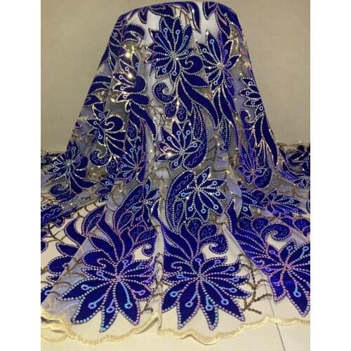 Latest African Velvet Lace Fabric 2020 High Quality Heavy Sequins Lace Royal Blue Nigerian Mesh Lace French Tulle Net Lace Sew