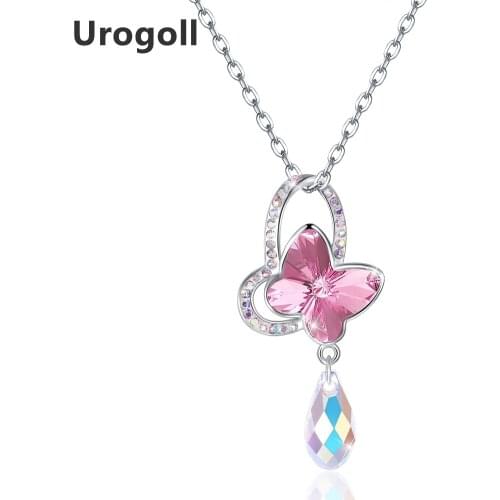 Noble New Blue/Pink Crystal Rhinestone Butterfly Pendant Necklace Classic Jewelry Lover Gift Womens Necklaces