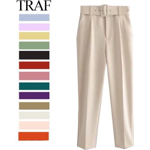 TRAF ZA Womens Pants Fashion Formal Belt High Waist Pants Ladies Solid Straight Ankle-Length Trousers Streetwear Female Chic