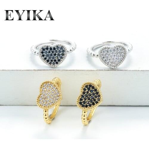 EYIKA 2021 New White Black Zircon Heart Rings Fashion Crystal Open Rings Gold Silver Color Jewelry for Couple Girlfriend Gift