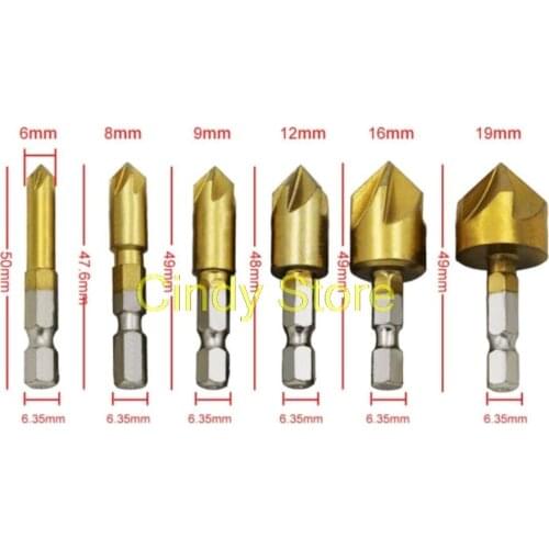 6PCS 5Flute Countersink Drill Bit Set 90 Degree Counter Sink C 6mm-19mm