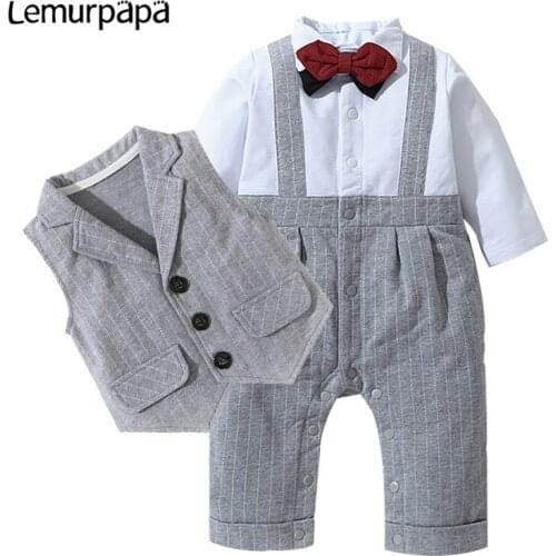 Baby Clothes Boy Suit Gentleman Handsome Bow Tie Autumn Baby Newborn Party Onesie Long Sleeve Trousers Stripe Fashion Jumpsuit