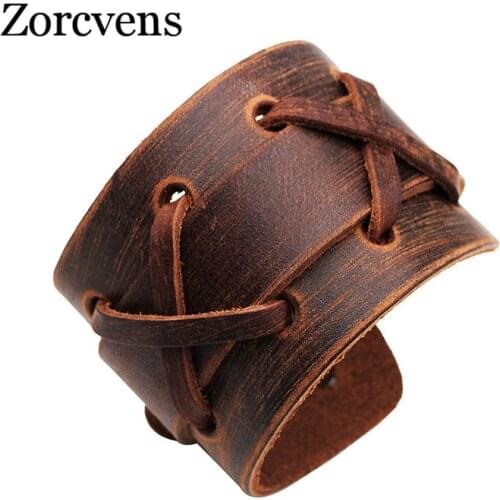 ZORCVENS Brown Genuine Leather Bracelet Adjustable With Cross & Alloy Clasp Birthday Gift for Lover