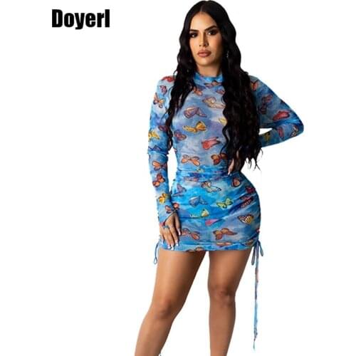 Short Sexy Party Dress Women 2020 Butterfly Print Long Sleeve Mesh Sheer Dress Elegant Mini Bodycon Club Dress Drop Shipping