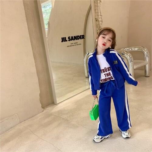Girls Suit Coat +Pants 2Pcs/Sets 2021 Blue Spring Autumn Toddler Kids Teenagers Cotton Tracksuit Sport Suits Children Clothing