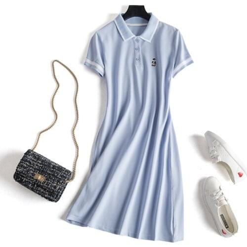 Summer Small Bear Short-sleeved Dress Women Solid Color Sleeve Was Thin A-line Dress Mid-length Lapel Sports Casual Vestidos Q60