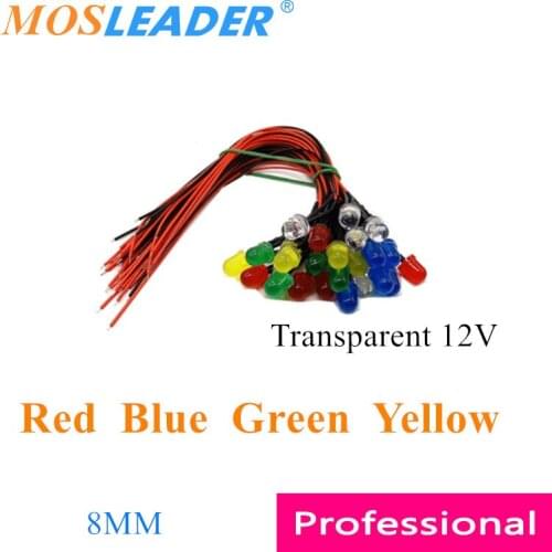 Mosleader 500pcs 8MM 12V LED with wire 20CM Red Blue Green Yellow Color turn color Transparent Prewired Emitting Diode Light