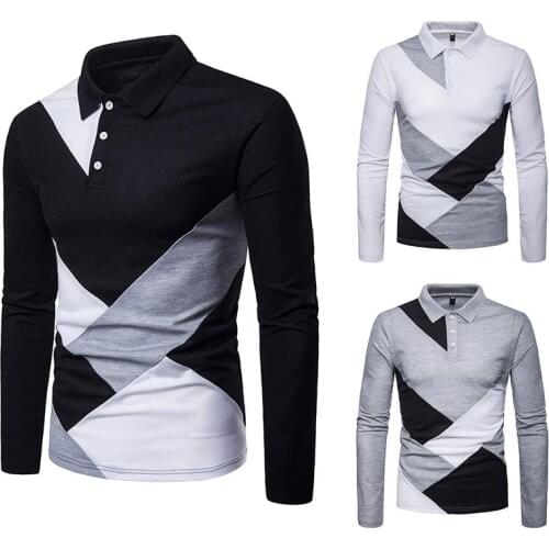 Mens T-Shirt Long Sleeve Turn Down Collar Pullover Polo Shirt with Irregular Splicing Casual Slim Type Tops
