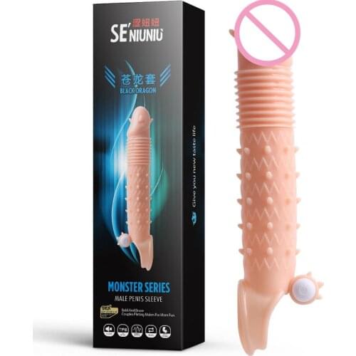 Men Shake Wolf Tooth Sleeve Bump Vibrate Sex Toy Penis Enlargment for Male Adult Product Bigger Dick Extension Skin color New