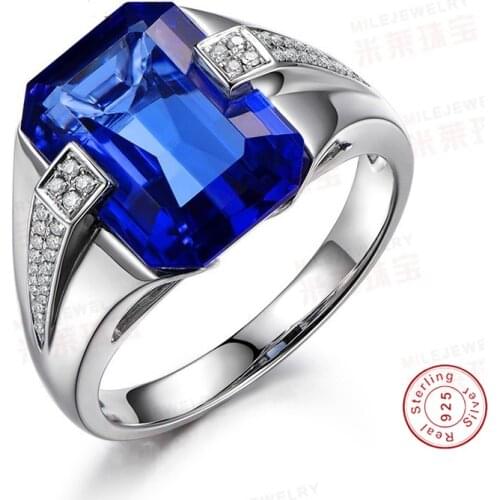 Vintage male ring 925 Sterling silver Big 6ct Blue AAAAA Zircon cz Luxury Wedding Band Rings for men Finger Party Jewelry