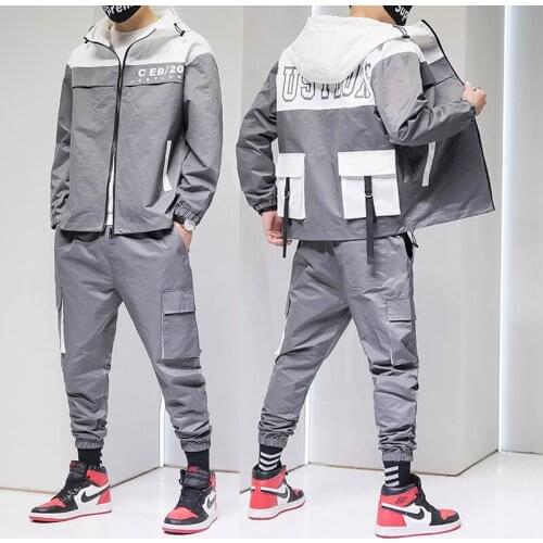 2020 Fashion 2 Pieces Hip Hop Sets Mens casual Tracksuit Hooded Jackets And Loose Pants running Sportswear suit Autumn