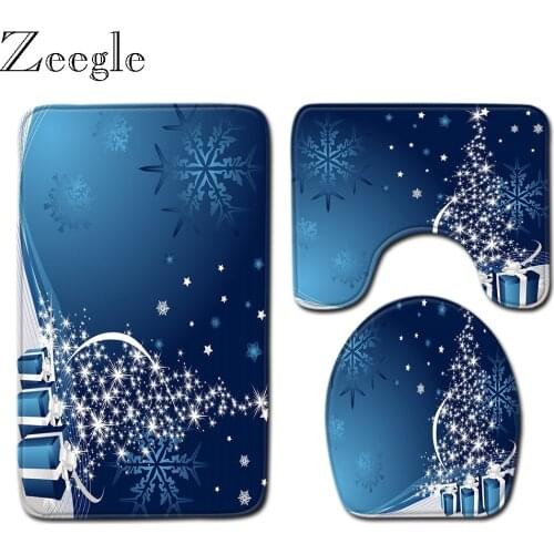 Zeegle Christmas Bath Mat Set Polyester Toilet Seat Cover Mat Anti Slip Bathroom Shower Mat Flannel Soft Toilet Pedestal Rug Set