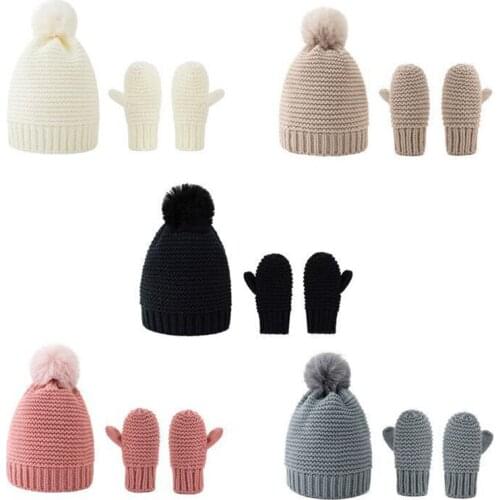 Boys and Girls Winter New Pompon Ball Crochet Cap Mitten Set Warm Childrens Knitted Hats Gloves Suits