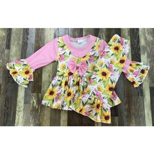 Baby Girl Pink Bow Fake Two Tops Beautiful Sunflower Bells Set