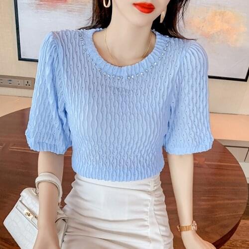 New Pure Color Beaded Pleated T-shirt Womens Short-sleeved Delicate Diamond Loose And Comfortable Fabric Hollow Top