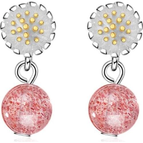 New Small Daisy Women Literary Pink Strawberry Crystal 925 Sterling Silver Jewelry Flower Beautiful Popular Stud Earrings SE871