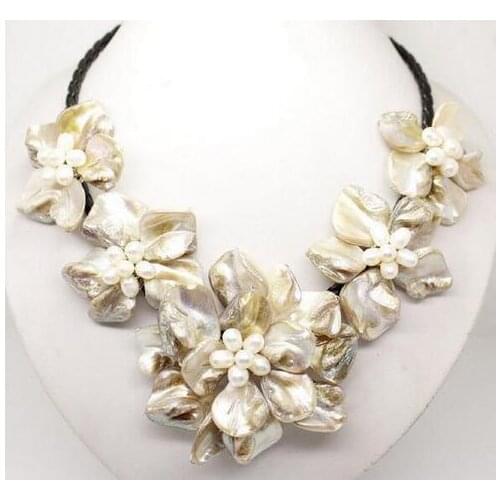 Fine jewelry Beautiful Hot sale new StyleStunning Multicolor Freshwater Pearl Sea Shell Flower Leather Necklace free shipping