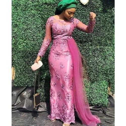 Pink Aso Ebi South African Evening Dresses Sheath Long Sleeves Satin Flowers Nigeria Saudi Arabic Evening Gown Prom Dresses
