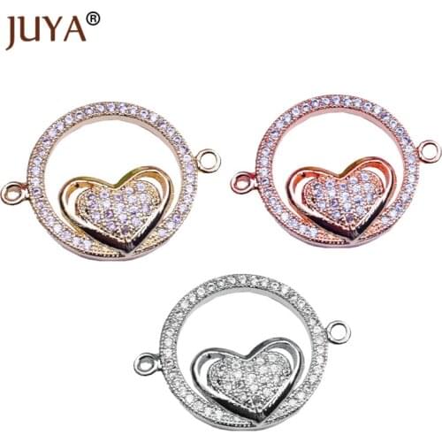 5 pieces wholesale copper micro pave CZ rhinestone love heart circle connectors for jewelry making diy jewellery components