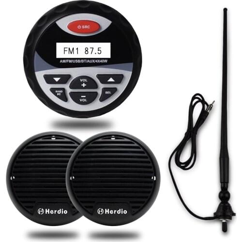 Waterproof Marine Radio Bluetooth MP3 Player Stereo Audio For Motorcycle Boat SPA UTV ATV +3 inch Outdoor Speakers Black Antenna